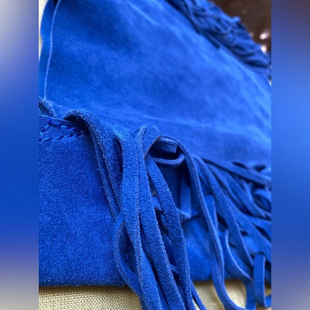 Claudia Firenze Blue Emma Fringed Italian Suede Leather Shoulder Boho Western - Picture 4 of 12
